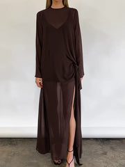 Women Dress欧美女士连衣裙圆领长袖款式薄纱长裙开叉半透裙子