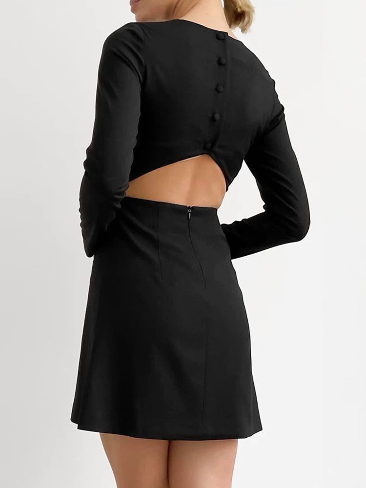Women Dress欧美秋冬女士连衣裙黑色长袖露腰性感短裙休闲