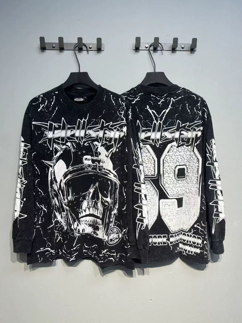 Hellstar Skull Number 69 Graphic Long Sleeve Tee - Washed Black