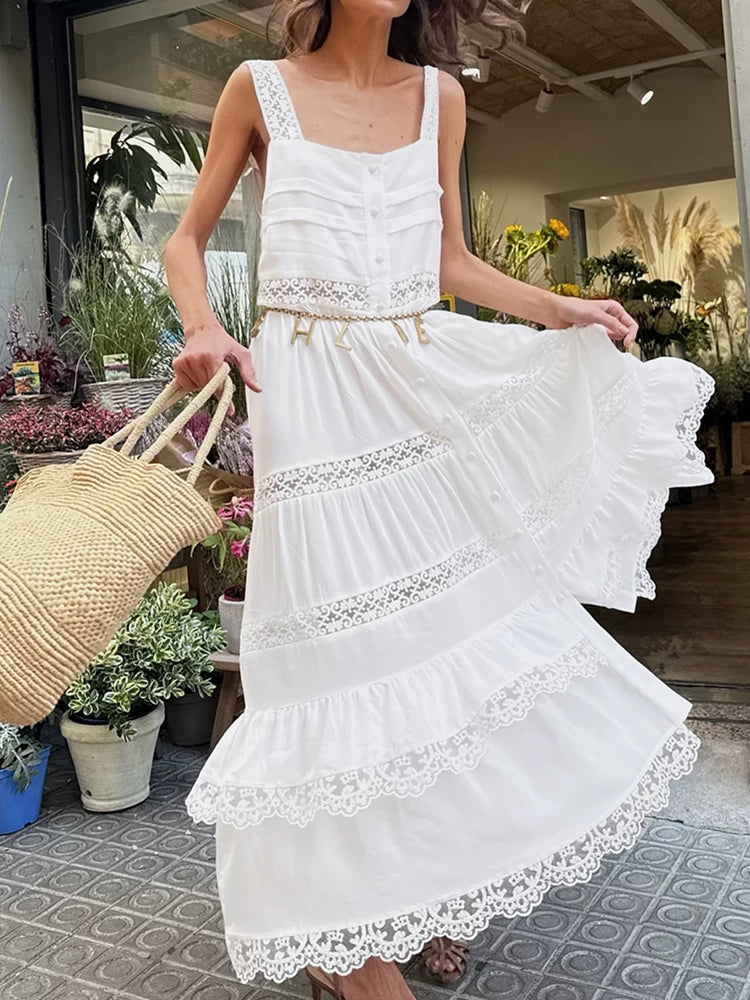 Women Dress欧美女士连衣裙背心蕾丝花边拼接宽松长裙秋冬时尚