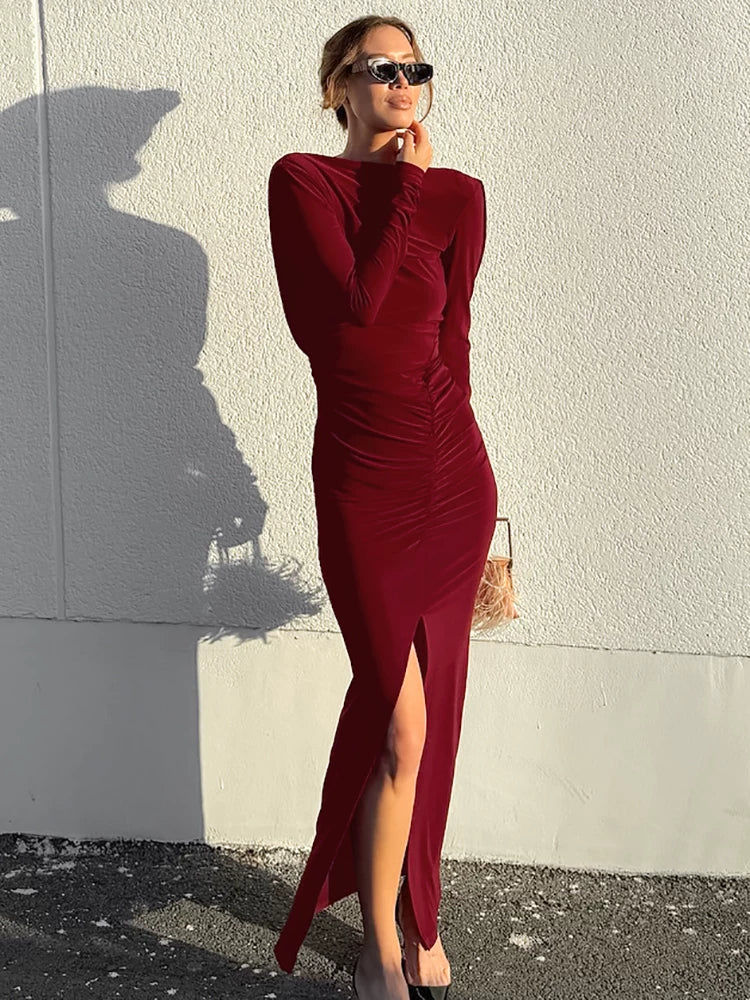 Backless Dress欧美女士连衣裙露背长袖性感长裙红色