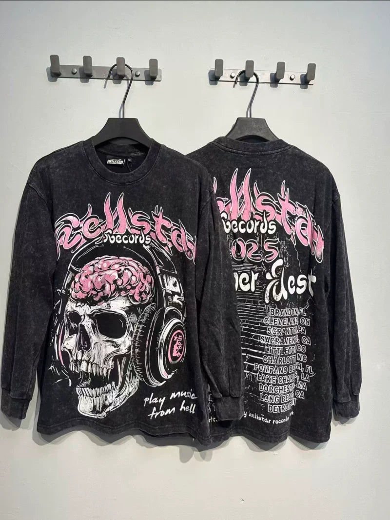 Hellstar Play Music From Hell Skull Graphic Long Sleeve Tee - Washed Black