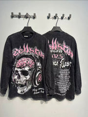 Hellstar Play Music From Hell Skull Graphic Long Sleeve Tee - Washed Black