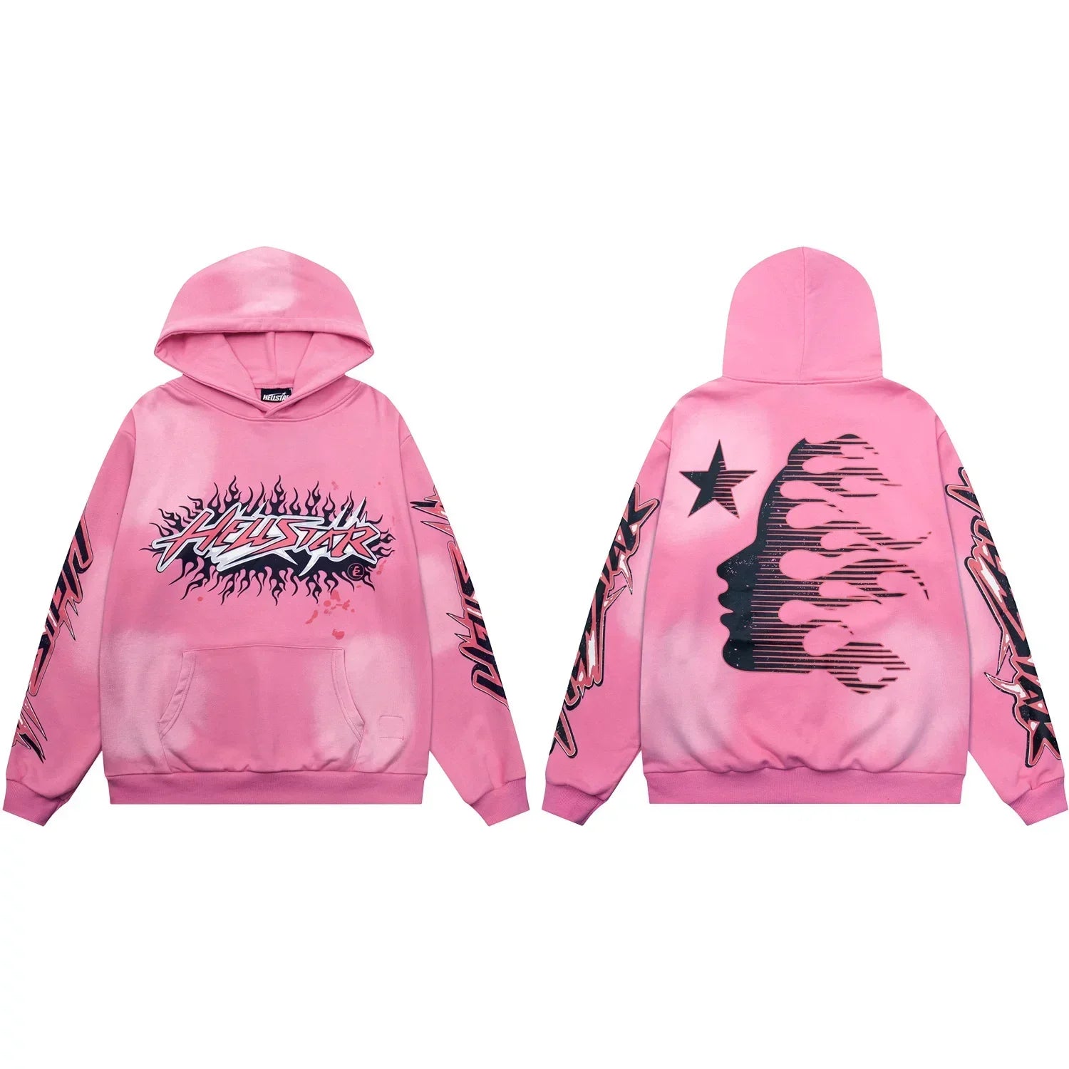 Hellstar Flaming Burst Logo & Face Pink Hoodie