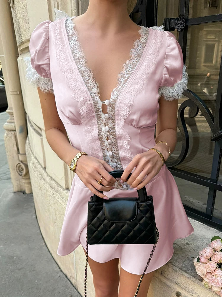 Lace Dress欧美女士连衣裙蕾丝V领短袖春夏优雅短裙度假裙子