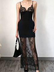 Lace Dress欧美女士连衣裙两件套性感蕾丝吊带黑色半透长裙搭配