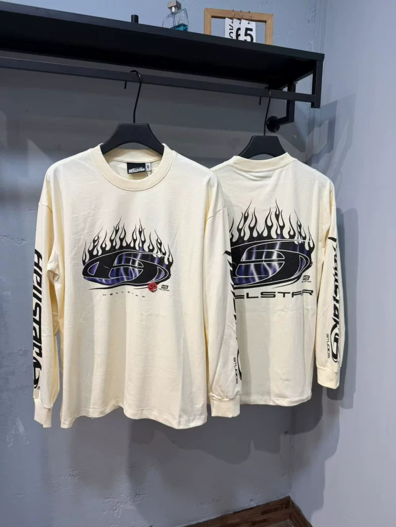 Hellstar Flame Globe Graphic Long Sleeve Tee - Off-White