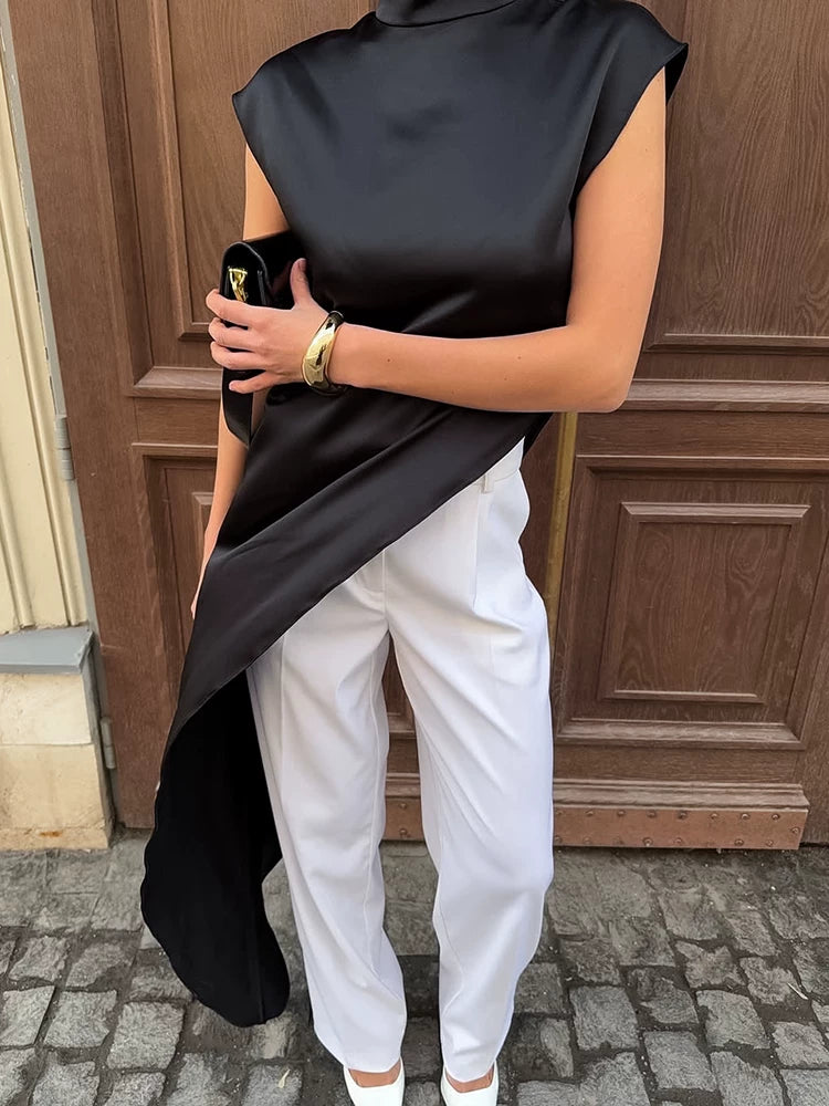 Fashion Dress欧美女士连衣裙黑色不对称高领无袖长裙时尚设计感