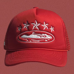 Corteiz Vintage Red Trucker Hat with White Stars and Cruise Ship Graphic