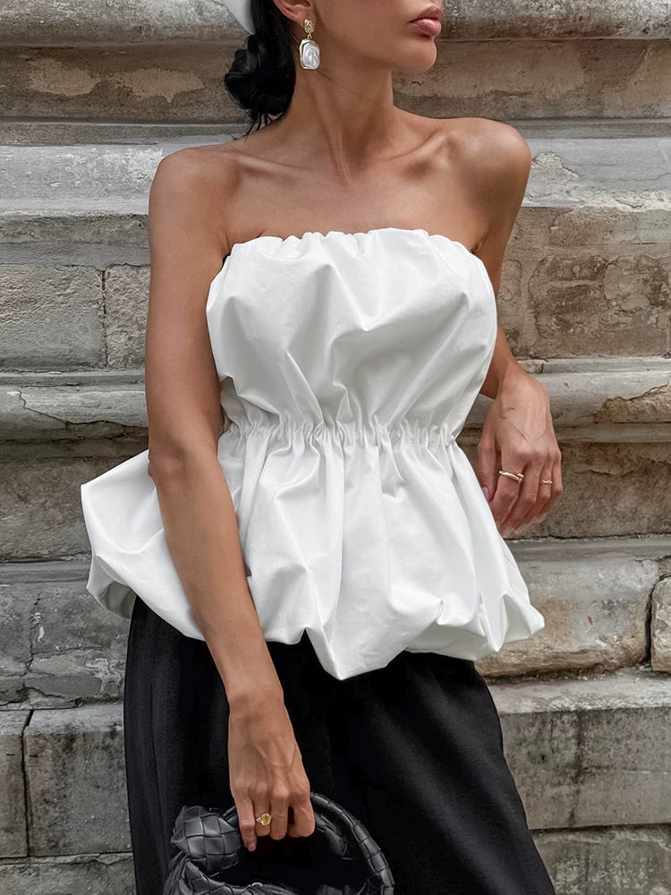 Fashion Tops欧美女士上衣白色围裹泡泡抹胸上衣时尚百搭设计感