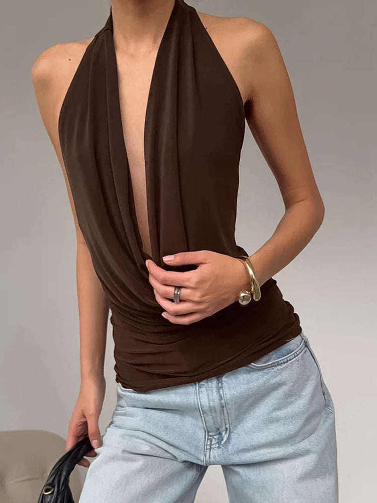 Sexy Tops欧美女士背心性感露背挂脖上衣时尚设计感派对