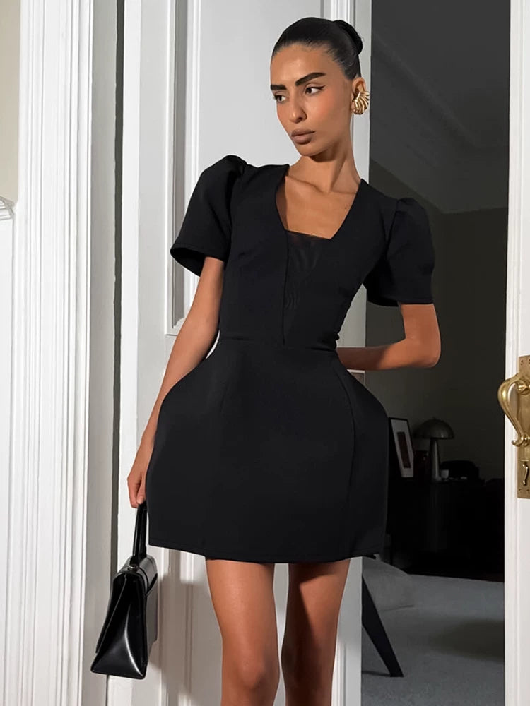 Fashion Dress欧美女士连衣裙短袖收腰泡泡裙黑色时尚名媛长裙