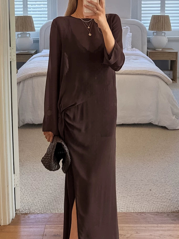 Women Dress欧美女士连衣裙圆领长袖款式薄纱长裙开叉半透裙子