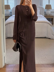 Women Dress欧美女士连衣裙圆领长袖款式薄纱长裙开叉半透裙子