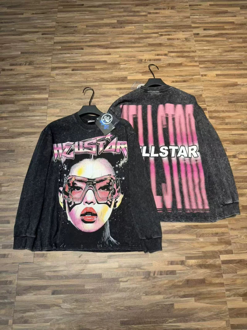 Hellstar Cyber Goggles Portrait Graphic Long Sleeve Tee - Washed Black