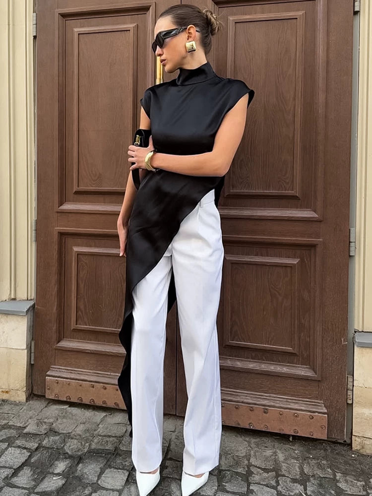 Fashion Dress欧美女士连衣裙黑色不对称高领无袖长裙时尚设计感