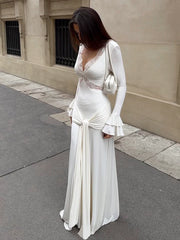 Elegant Dress欧美女士连衣裙V领蕾丝长袖修身长裙设计感收腰显瘦