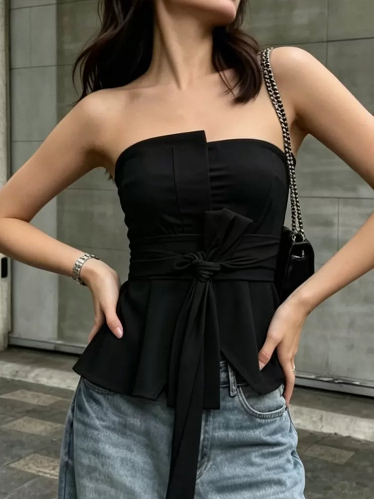 Summer Tops欧美女士背心夏季时尚抹胸收腰系带修身短上衣个性