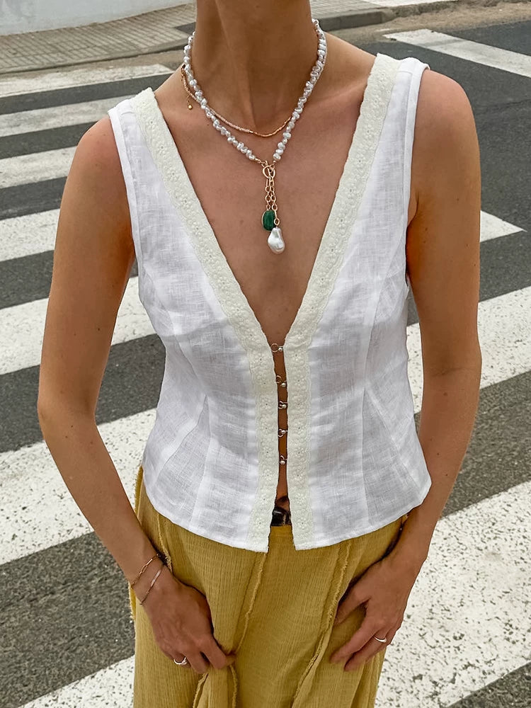 Fashion Tops欧美女士背心休闲拼接花边V领无袖上衣百搭设计感