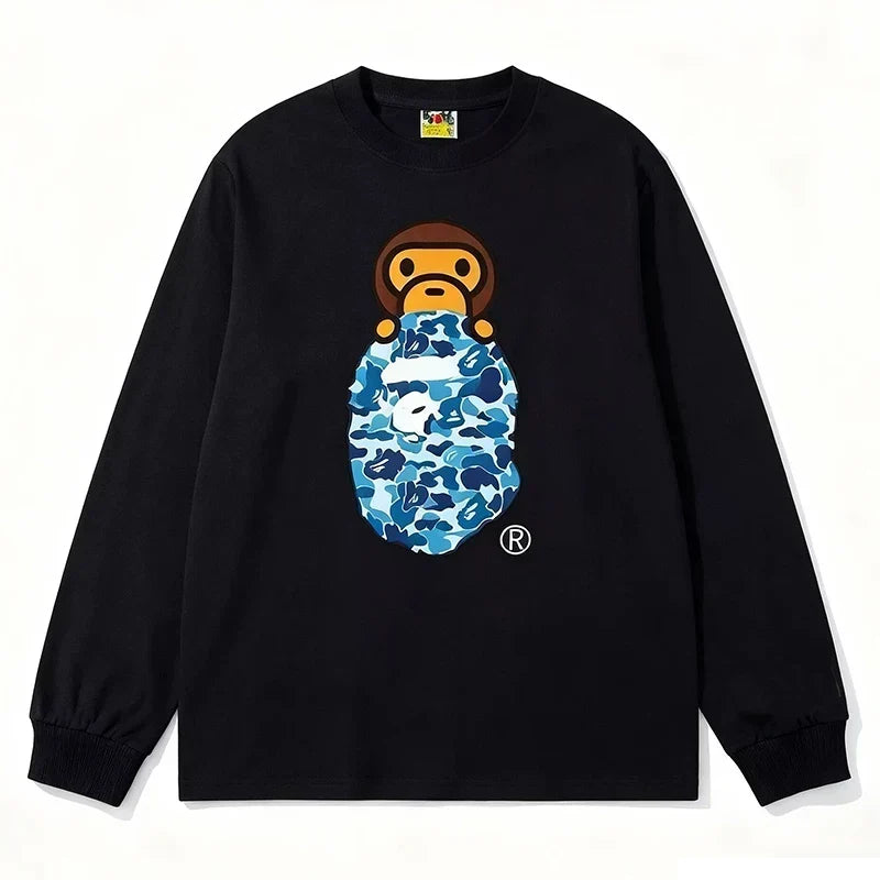 BAPE Style Baby Milo Peeking on Camo Ape Head Long-Sleeve Tee - Black/Blue
