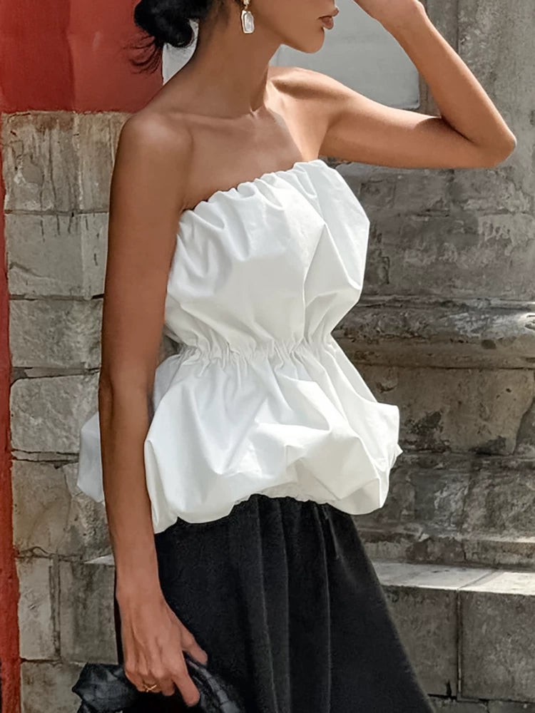Fashion Tops欧美女士上衣白色围裹泡泡抹胸上衣时尚百搭设计感