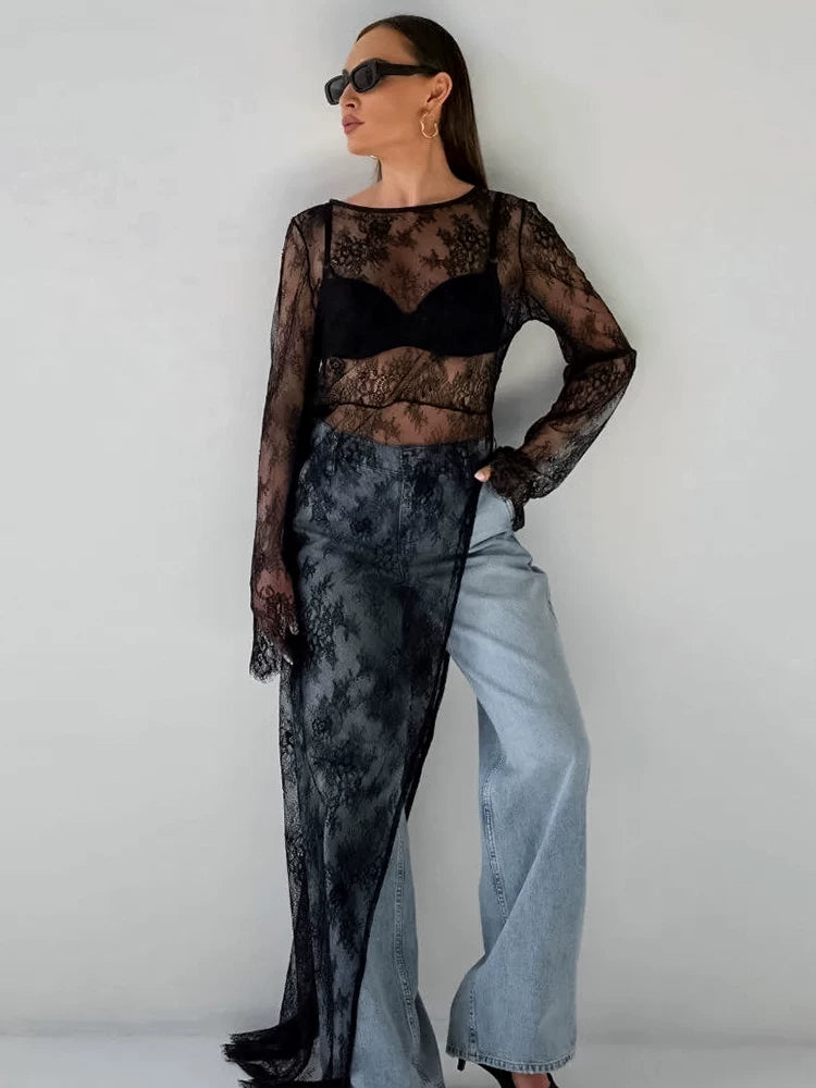 Lace Dress欧美女士连衣裙黑色蕾丝透视性感透视装圆领长袖不对称