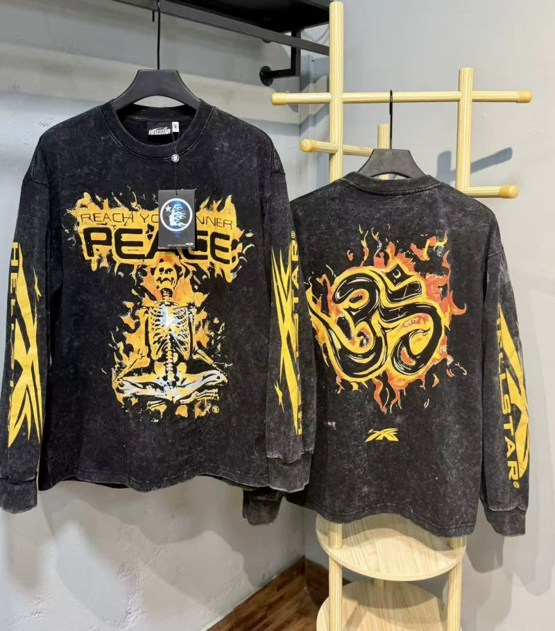 Hellstar Peace Skeleton Graphic Long Sleeve Tee - Washed Black