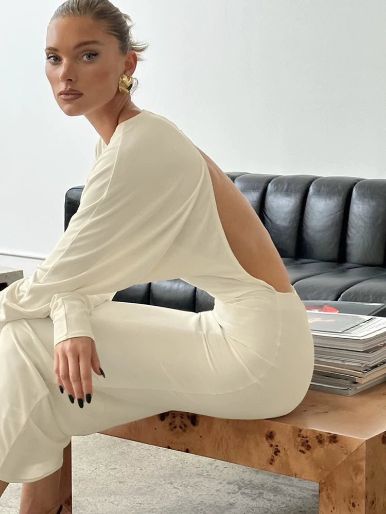Backless Dress欧美女士连衣裙性感露背圆领长袖修身长裙