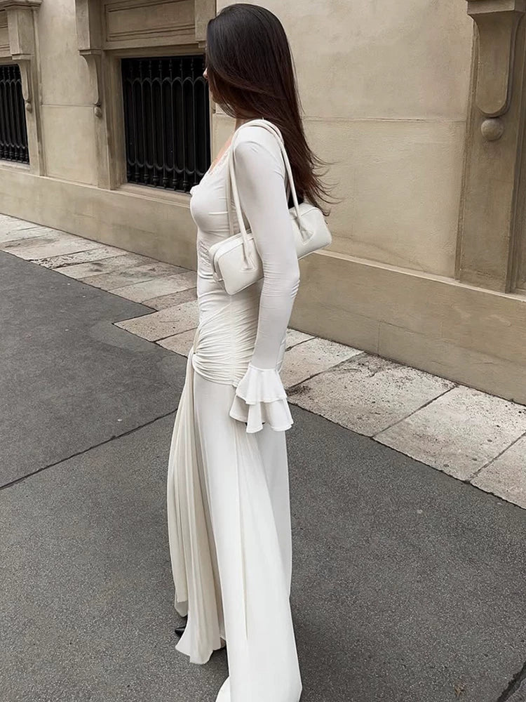 Elegant Dress欧美女士连衣裙V领蕾丝长袖修身长裙设计感收腰显瘦