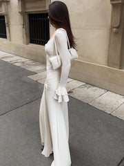 Elegant Dress欧美女士连衣裙V领蕾丝长袖修身长裙设计感收腰显瘦