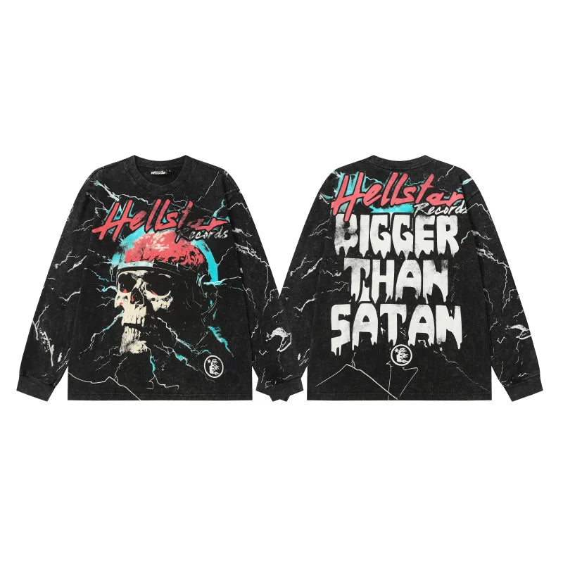 Hellstar Records Bigger Than Satan Graphic Long Sleeve Tee - Washed Black