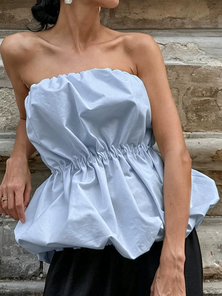 Fashion Tops欧美女士上衣白色围裹泡泡抹胸上衣时尚百搭设计感