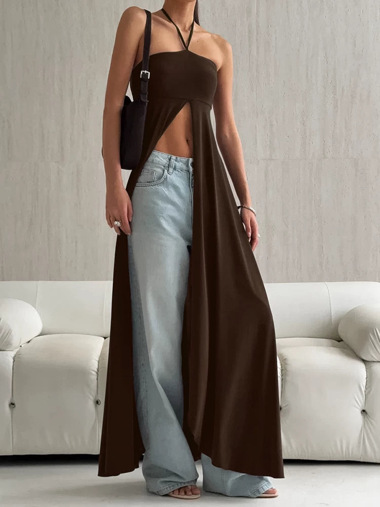Fashion Dress欧美女士连衣裙挂脖系带开叉时尚长裙秋冬