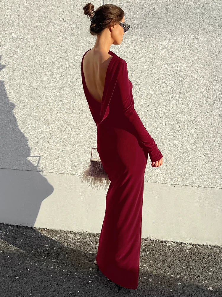 Backless Dress欧美女士连衣裙露背长袖性感长裙红色