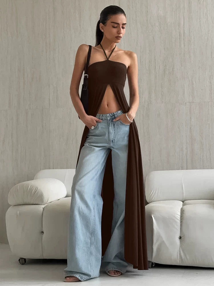 Fashion Dress欧美女士连衣裙挂脖系带开叉时尚长裙秋冬