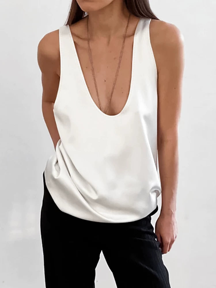 Sleeveless Tops欧美女士背心夏季宽松圆领无袖百搭上衣纯色简约