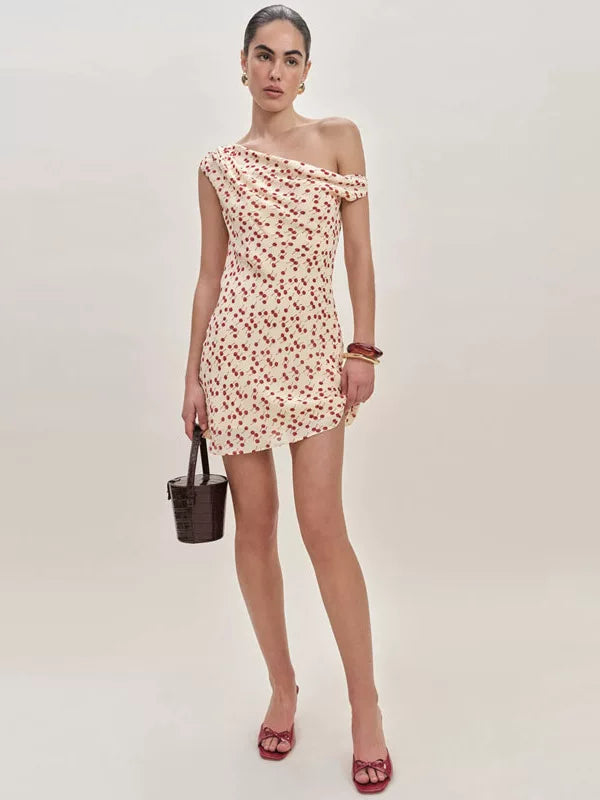 Reformation French niche cherry floral slant neck single shoulder slim fit sexy dress A-line short skirt
