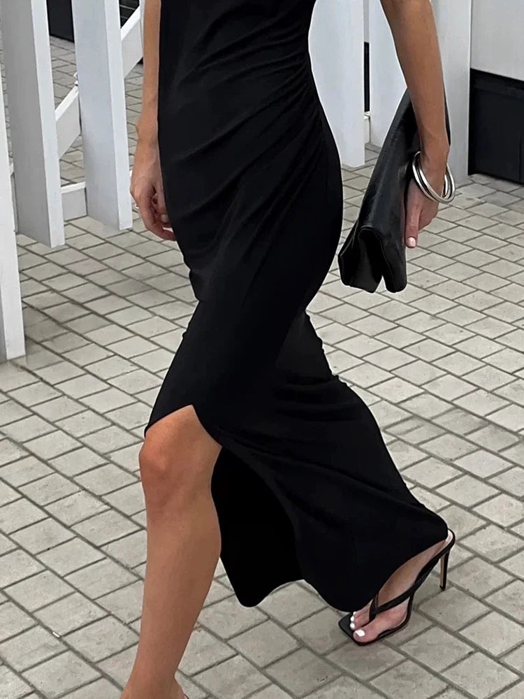 Elegant Dress欧美女士连衣裙圆领无袖修身优雅长裙开叉秋冬休闲