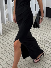Elegant Dress欧美女士连衣裙圆领无袖修身优雅长裙开叉秋冬休闲