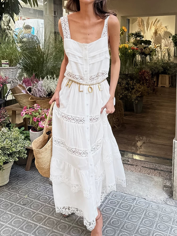 Women Dress欧美女士连衣裙背心蕾丝花边拼接宽松长裙秋冬时尚