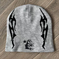 Hellstar Rhinestone Tribal Flame Knit Beanie - Grey