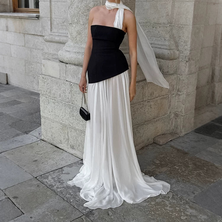 Women Dress千金风优雅丝绒网纱拼接连衣裙黑色抹胸长裙修身收腰