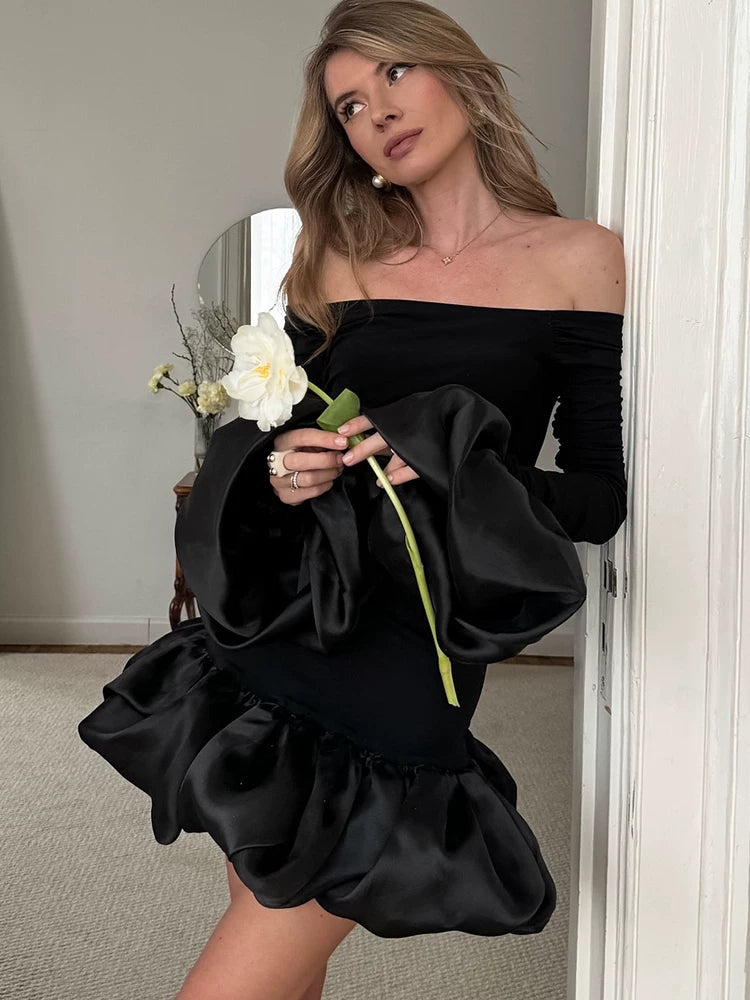 Elegant Dress欧美女士连衣裙一字领修身长袖精致优雅短裙