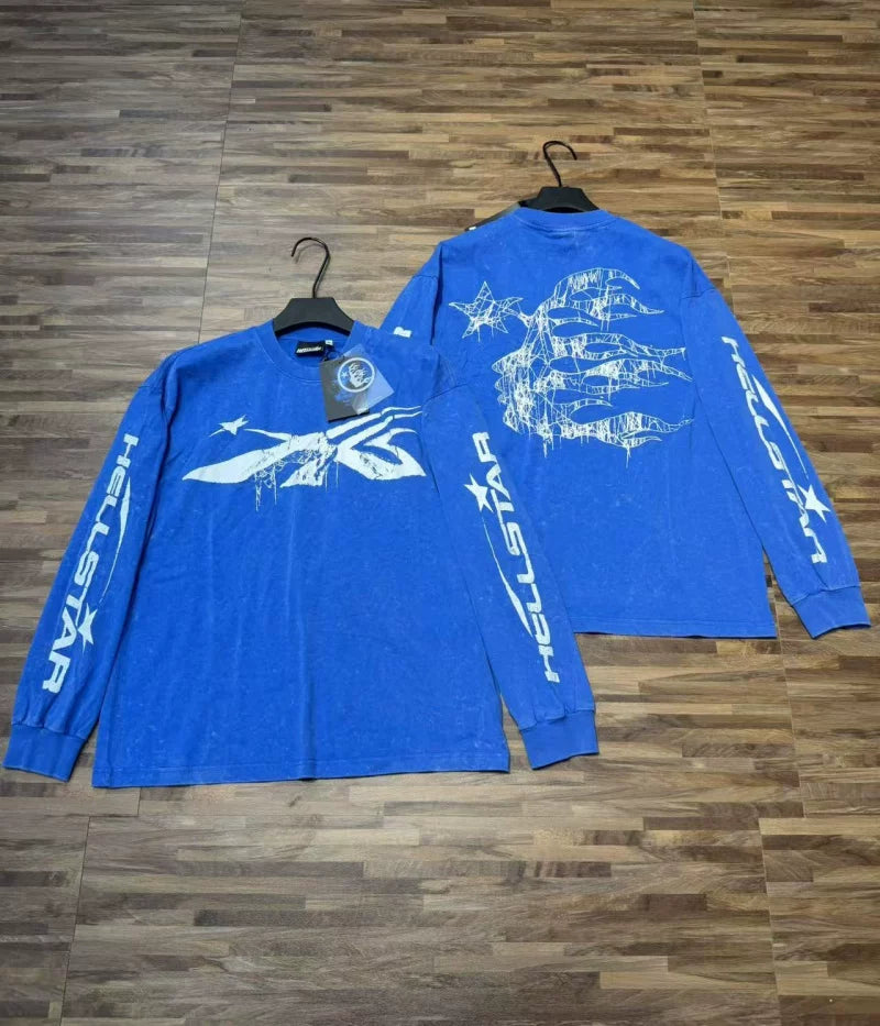 Hellstar Winged Logo Graphic Long Sleeve Tee - Blue