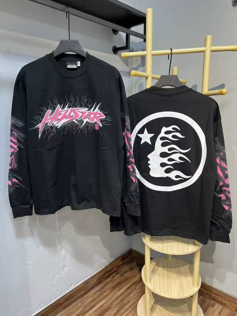 Hellstar Pink Logo & Flame Face Long Sleeve Tee - Black