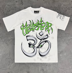 Hellstar Om Symbol Green Graffiti White Tee