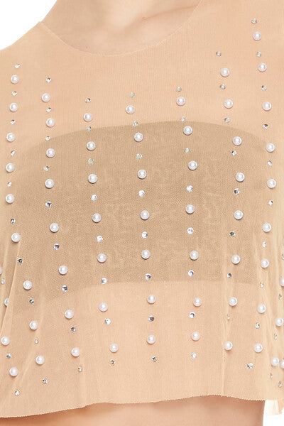 Mesh Faux Pearl Crop Top